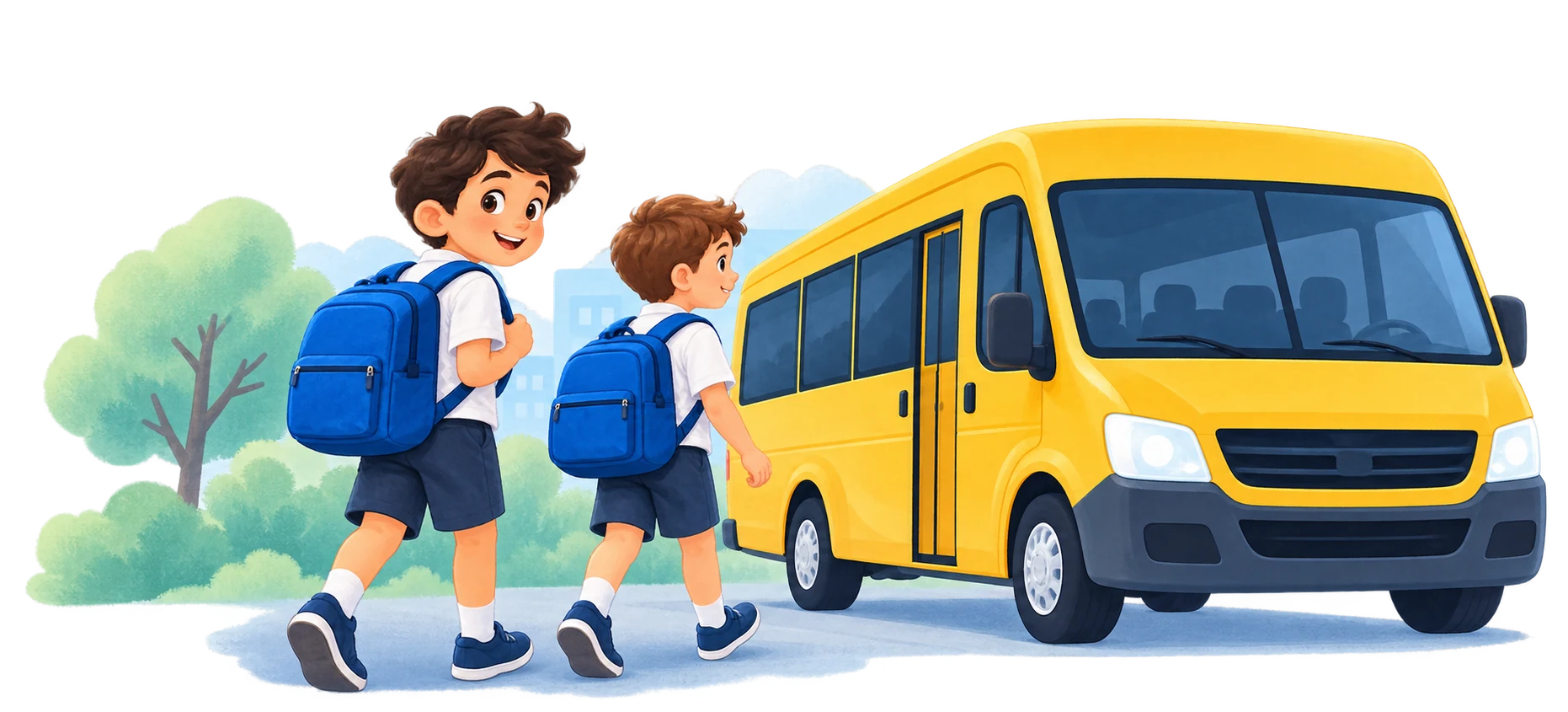 Dois meninos com mochilas azuis e rostos visíveis caminhando até um ônibus escolar amarelo